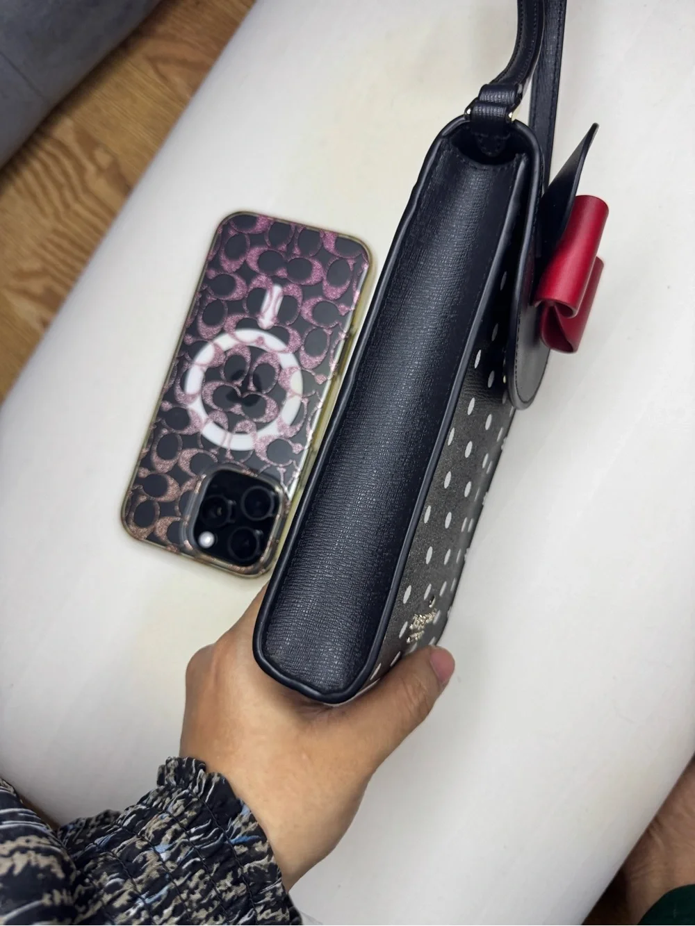 kate spade Black Polka Dot Crossbody with Red Bow Accent
